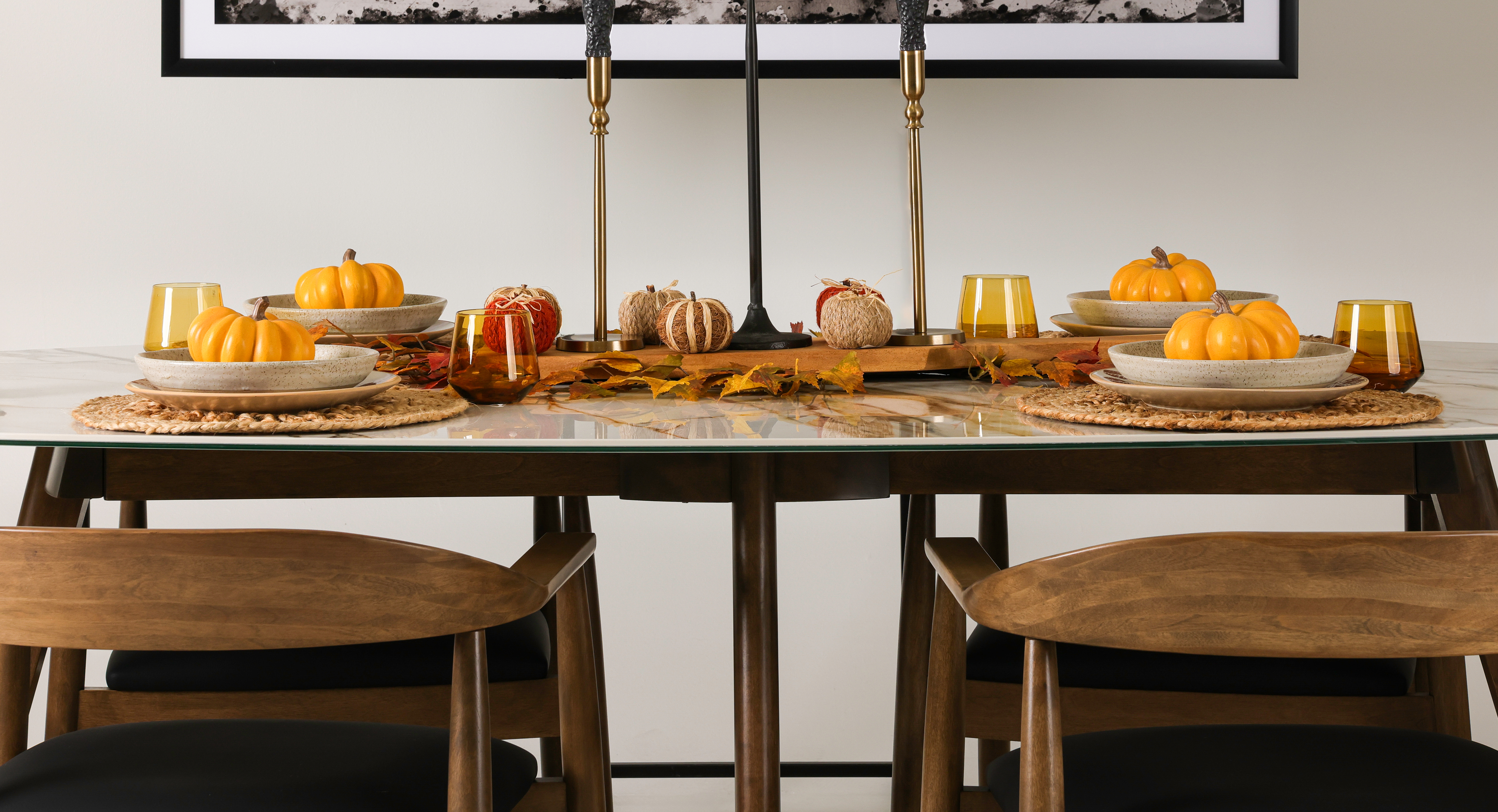 dining room table and chairs with fall accessories